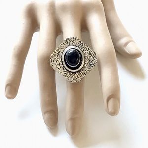 Onyx Gemstone Disk Ring Exotic BoHo Embossed Etched Artisan Made Size 6.3/4